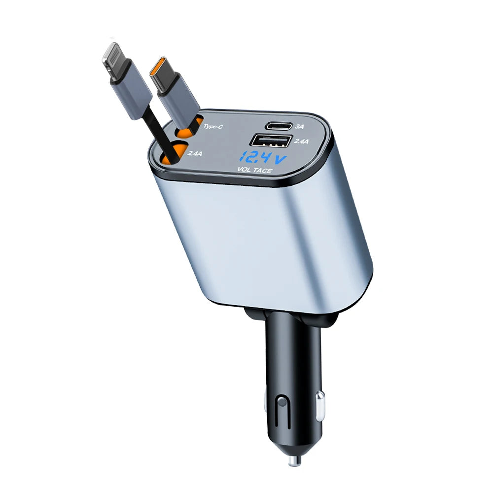 120W Dual USB Type C Fast Charge 4 in 1 Retractable Car Charger for Iphone Samsung Super Fast Charger Cigarette Lighter Adapter